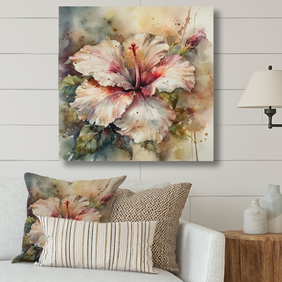 Designart "Pink Beige Hibiscus Euphoria" Floral Hibiscus Wall Art For Kitchen