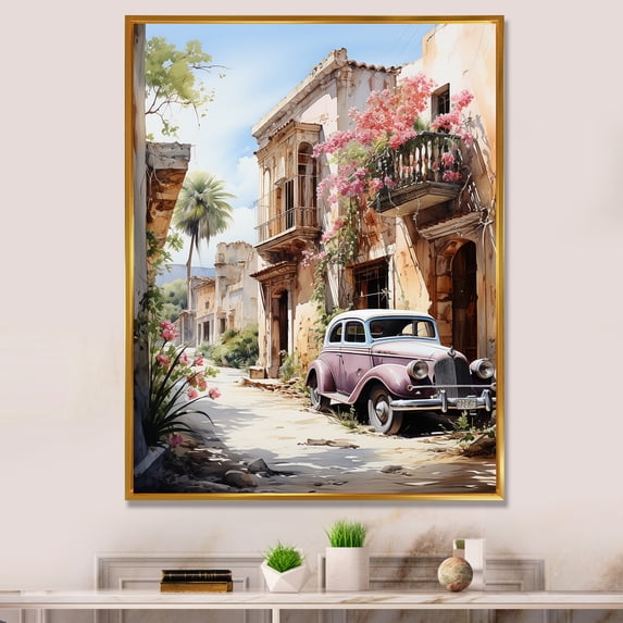 Designart "Pink Beige Mexico Colonial beauty Watercolor I" Cityscapes Floater Framed Canvas Art Print
