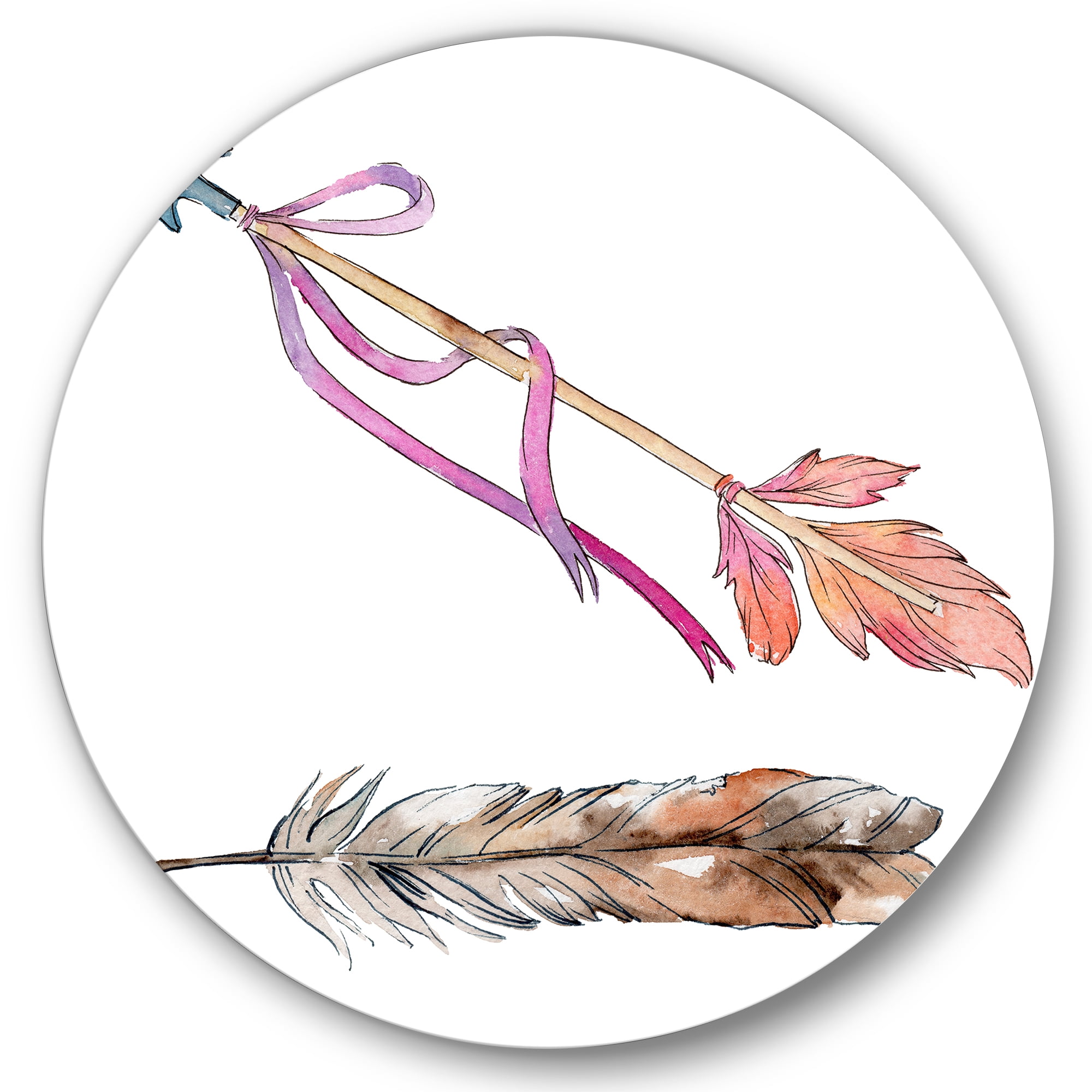 Designart 'Pink Bird Feather From Wing on Arrow' Bohemian & Eclectic Circle Metal Wall Art 36x36 - Disc of 36
