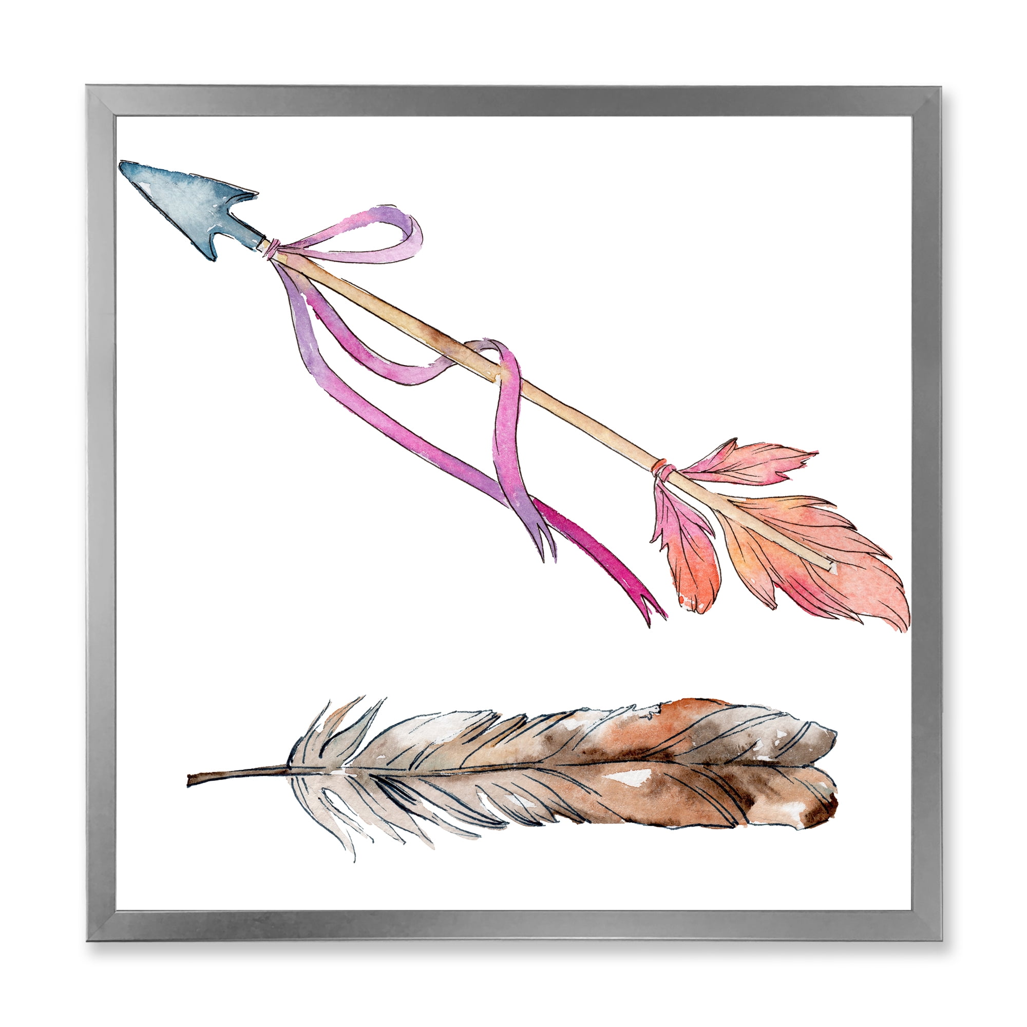 Designart 'Pink Bird Feather From Wing on Arrow' Bohemian & Eclectic Framed Art Print