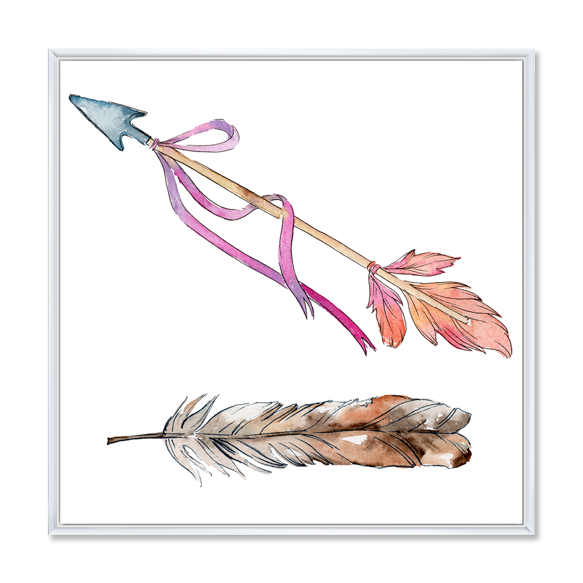 Designart 'Pink Bird Feather From Wing on Arrow' Bohemian & Eclectic Framed Canvas Wall Art Print