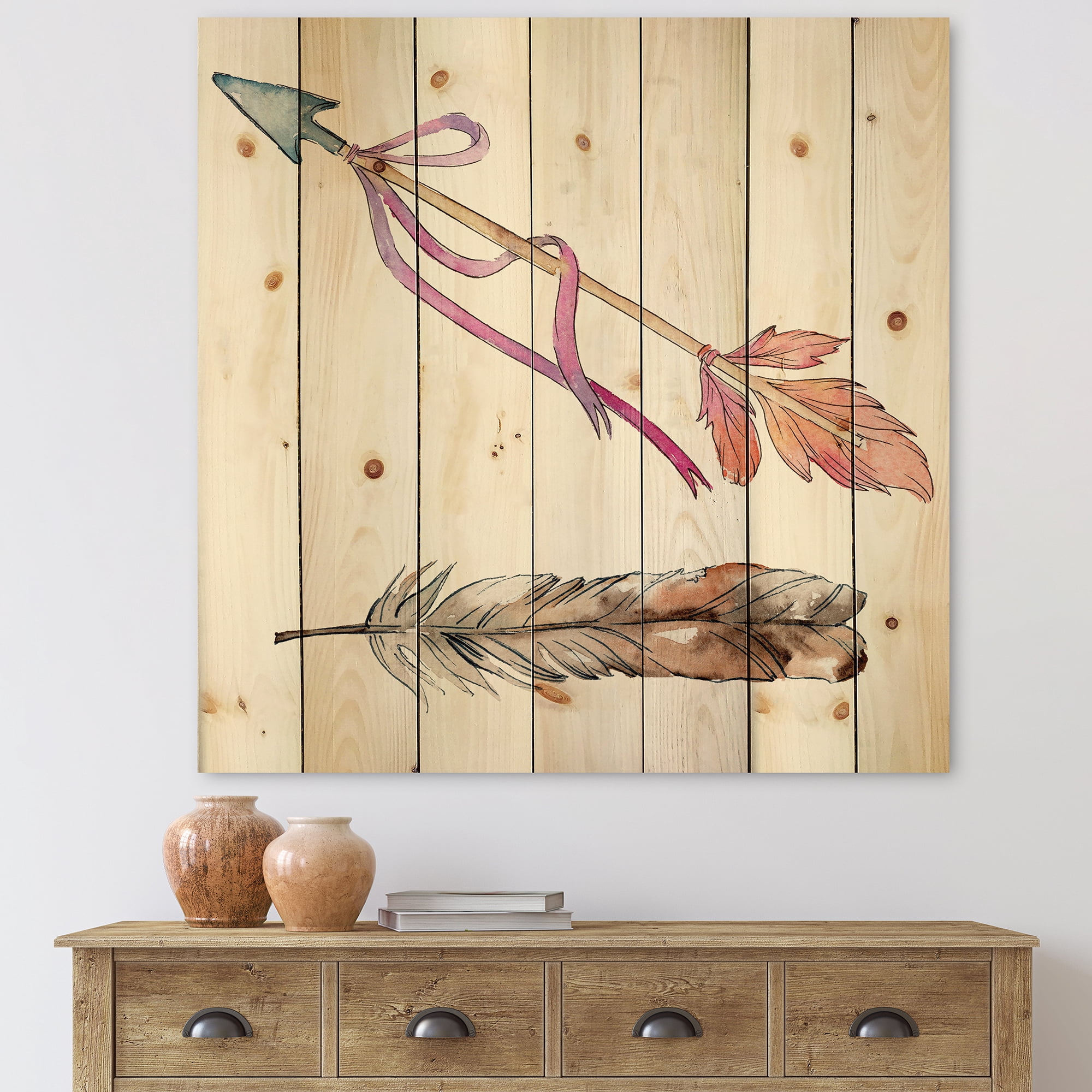 Designart 'Pink Bird Feather From Wing on Arrow' Bohemian & Eclectic Print on Natural Pine Wood
