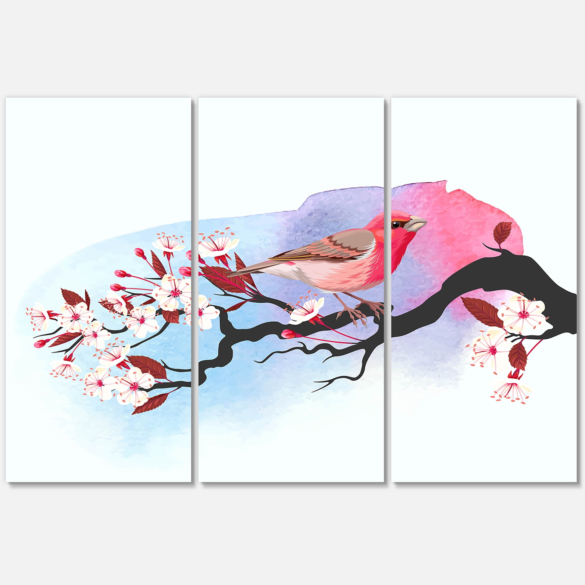Designart ' Pink Bird Sitting On Cherry Branch ' Traditional Canvas Wall Art Print
