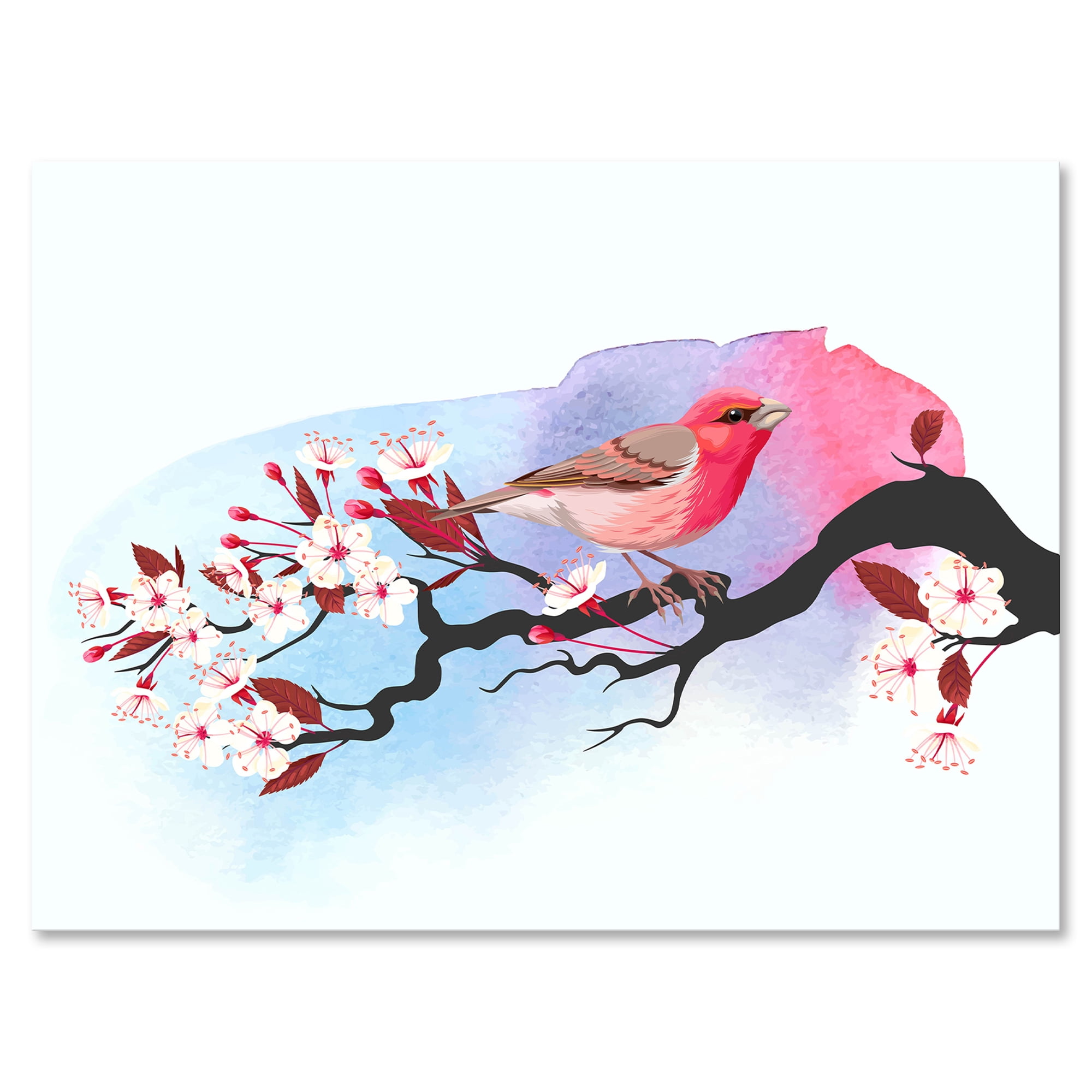 Designart ' Pink Bird Sitting On Cherry Branch ' Traditional Canvas Wall Art Print