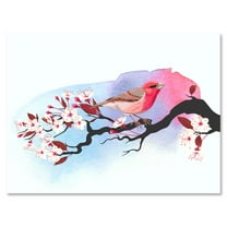 Designart ' Pink Bird Sitting On Cherry Branch ' Traditional Canvas Wall Art Print