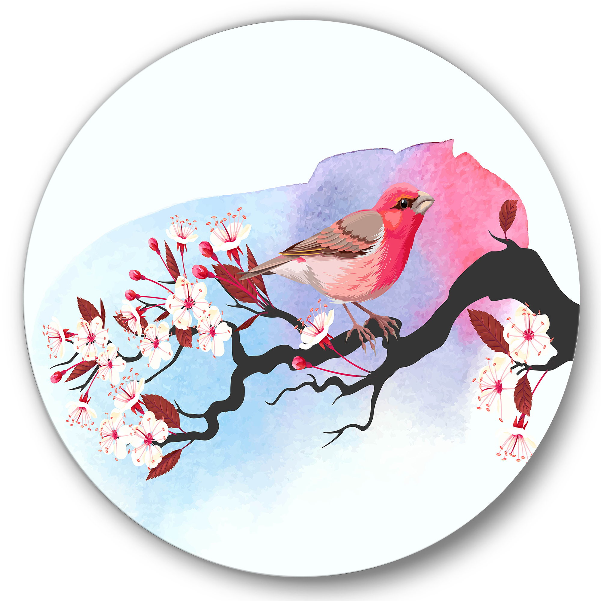 Designart 'Pink Bird Sitting On Cherry Branch' Traditional Circle Metal Wall Art 29x29 - Disc of 29