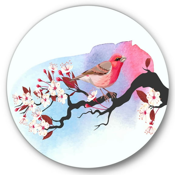 Designart 'Pink Bird Sitting On Cherry Branch' Traditional Circle Metal Wall Art 36x36 - Disc of 36