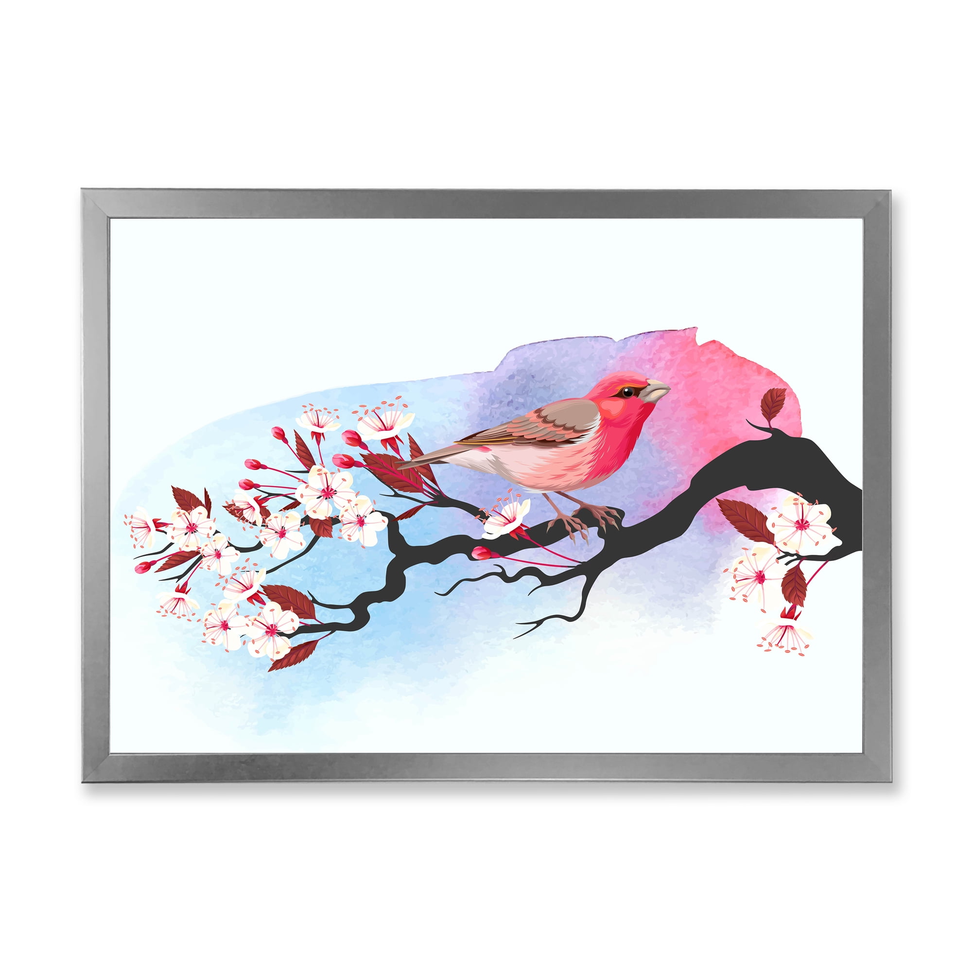 Designart 'Pink Bird Sitting On Cherry Branch' Traditional Framed Art Print