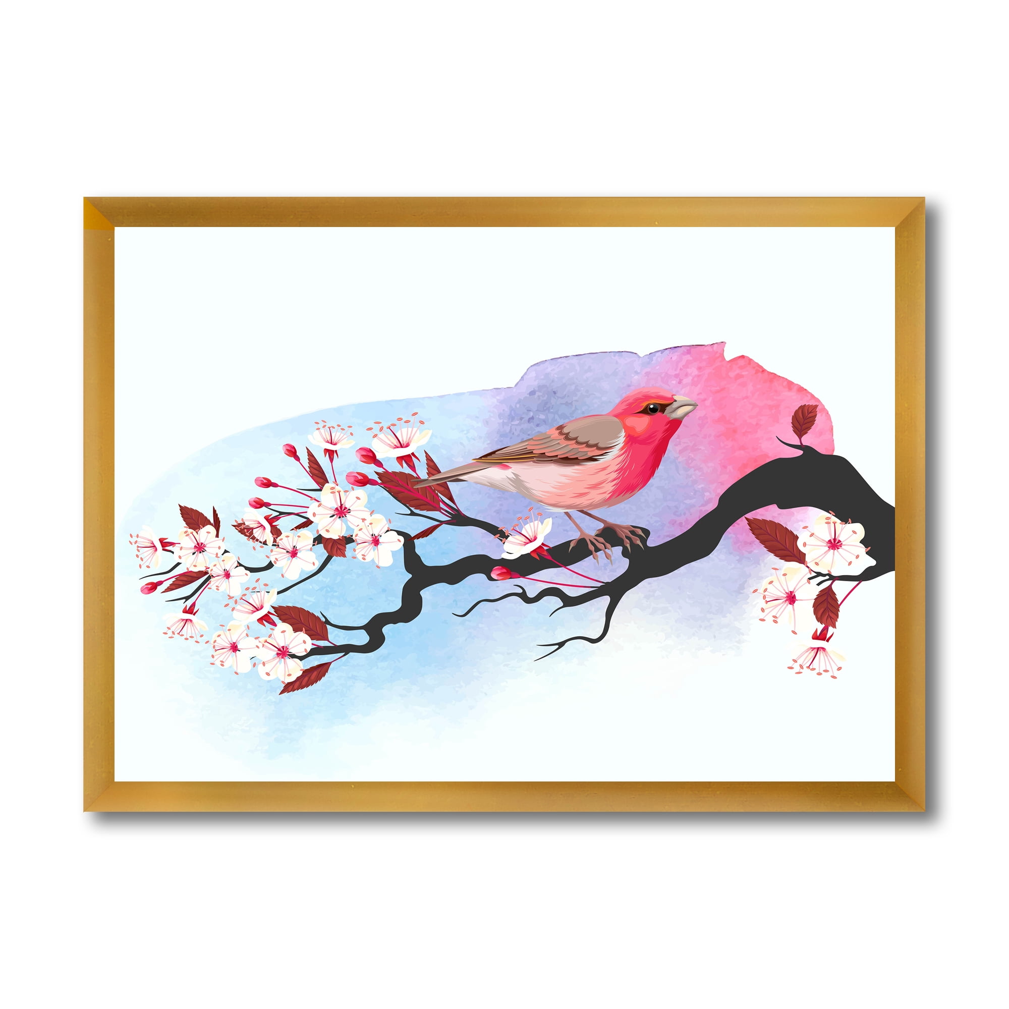 Designart 'Pink Bird Sitting On Cherry Branch' Traditional Framed Art Print