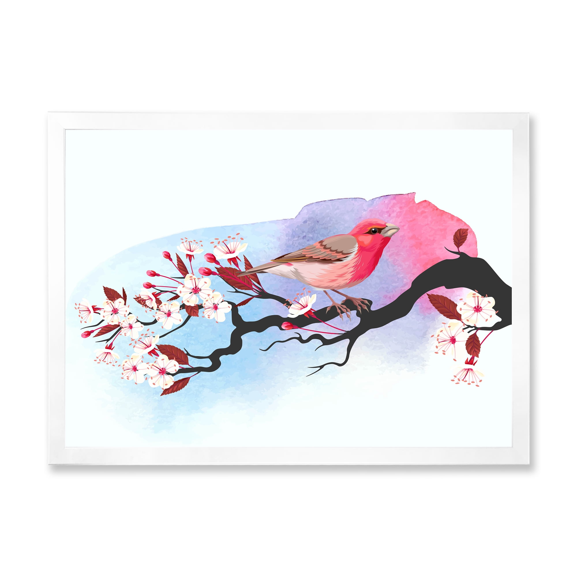 Designart 'Pink Bird Sitting On Cherry Branch' Traditional Framed Art Print
