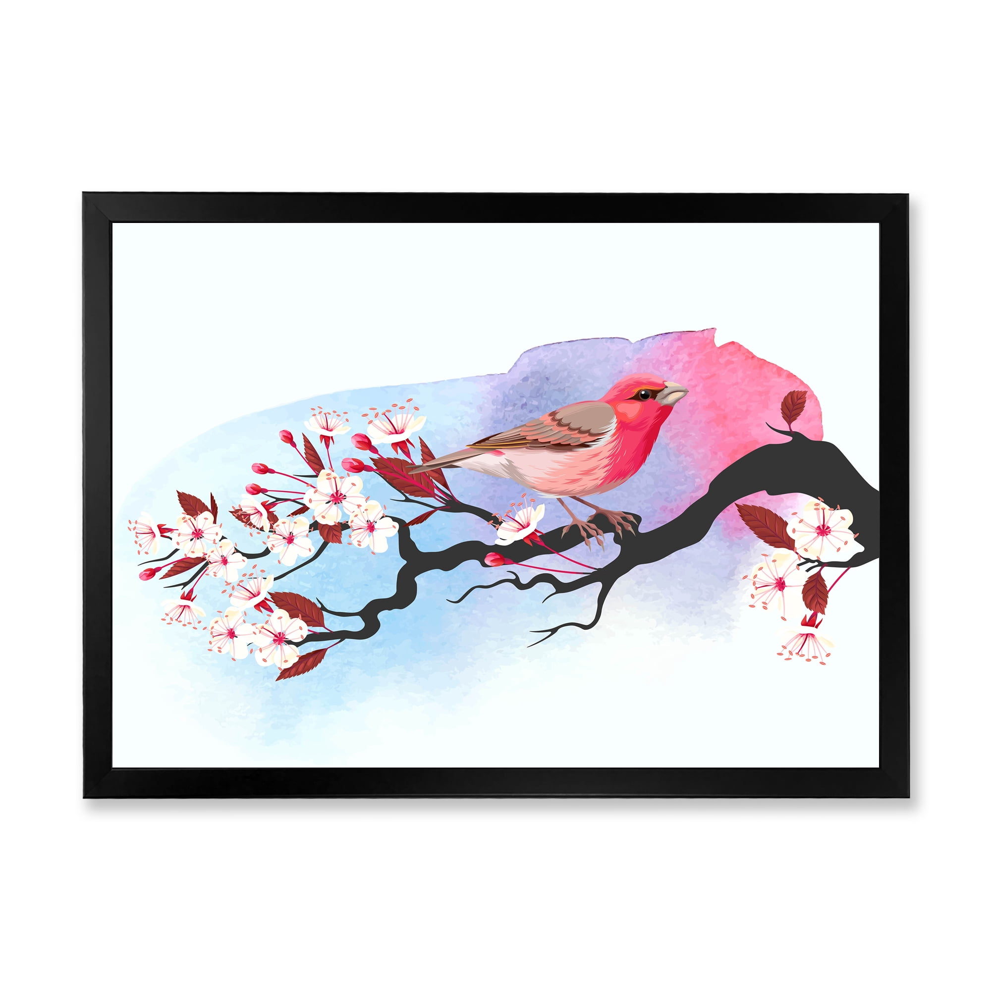 Designart 'Pink Bird Sitting On Cherry Branch' Traditional Framed Art Print