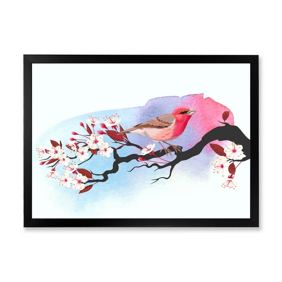 Designart 'Pink Bird Sitting On Cherry Branch' Traditional Framed Art Print