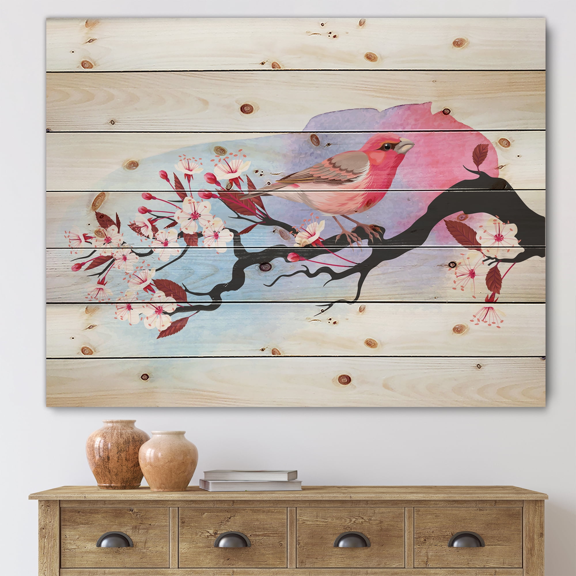 Designart 'Pink Bird Sitting On Cherry Branch' Traditional Print on Natural Pine Wood