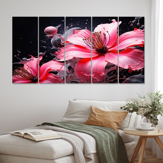 Designart "Pink Black Botanical Euphony" Abstract Botanicals Metal Wall Art Set