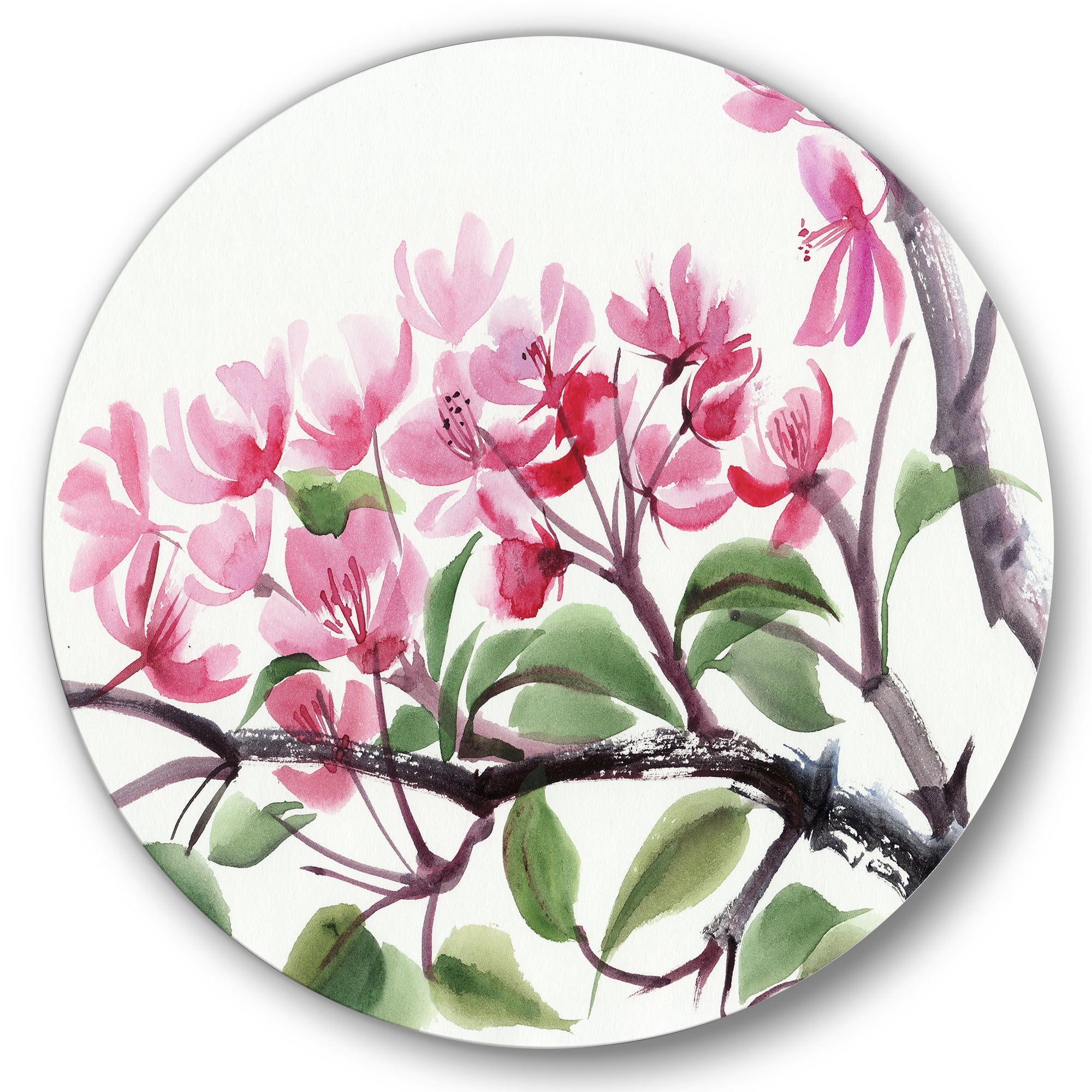 Designart 'Pink Blossoming Floral Tree' Traditional Circle Metal Wall Art 36x36 - Disc of 36