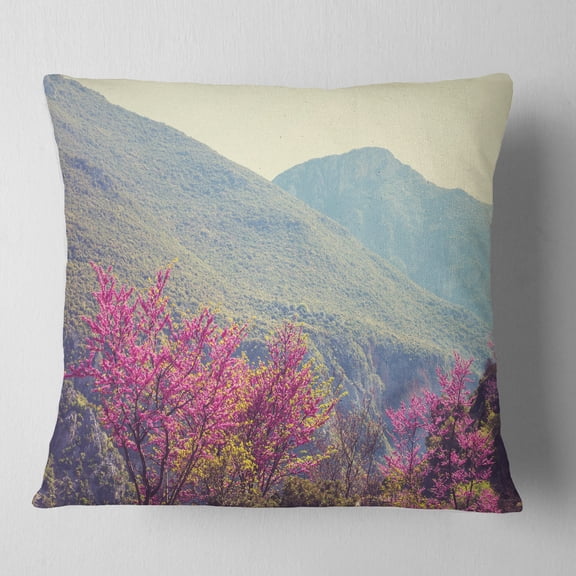 Designart Pink Blossoming Flowers in Mountains - Floral Throw Pillow - 18x18