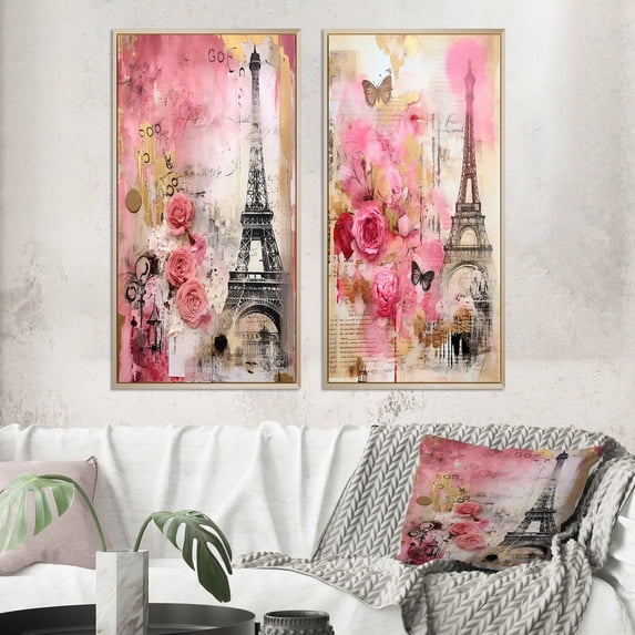 Designart "Pink Blossoming Spring in Vintage Paris Collage II" City Paris Framed Wall Art Set Of 2 - Traditional Pink Framed Canvas Set For Living Room Decor