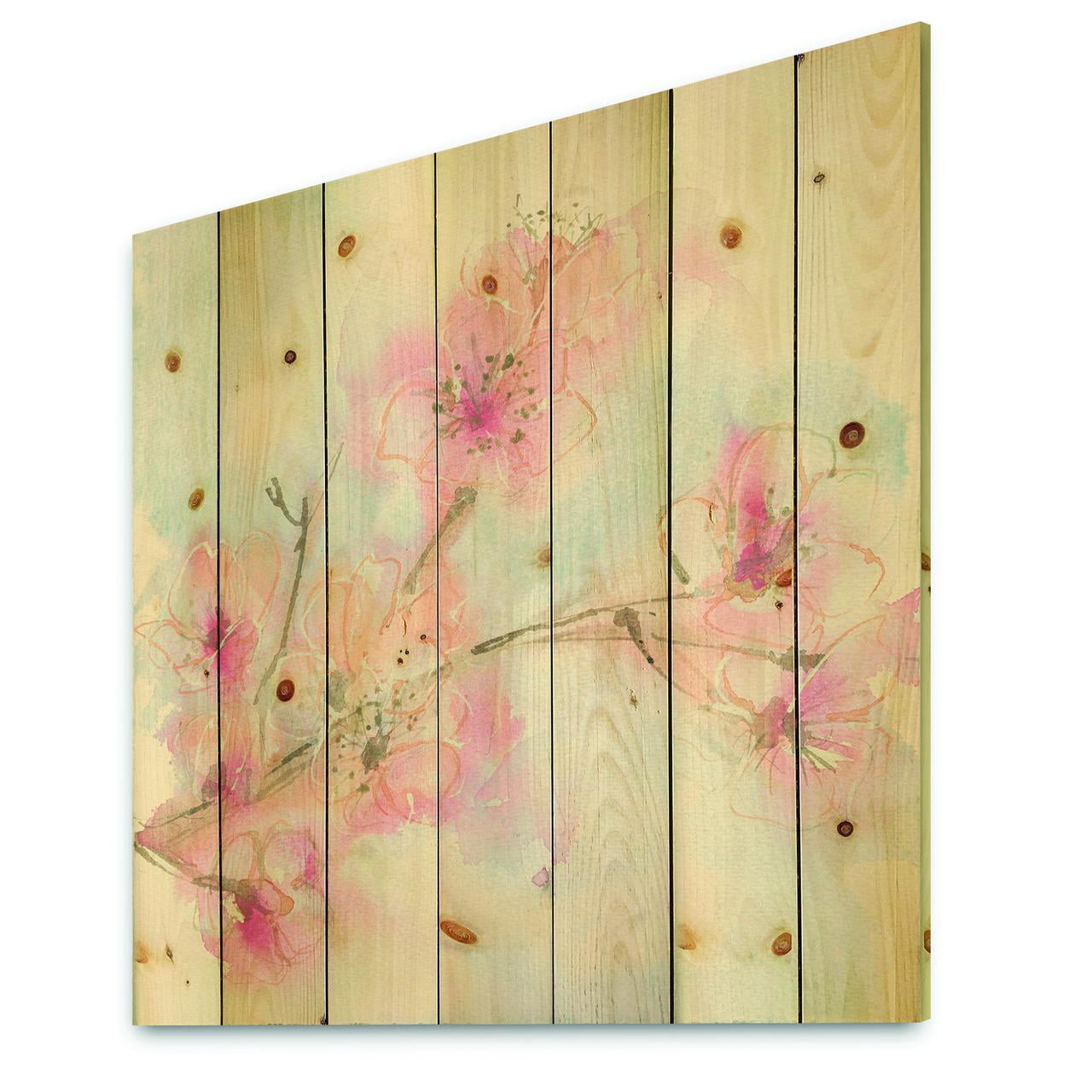 Designart 'Pink Blossoms Branch' Floral Cottage Print on Natural Pine Wood