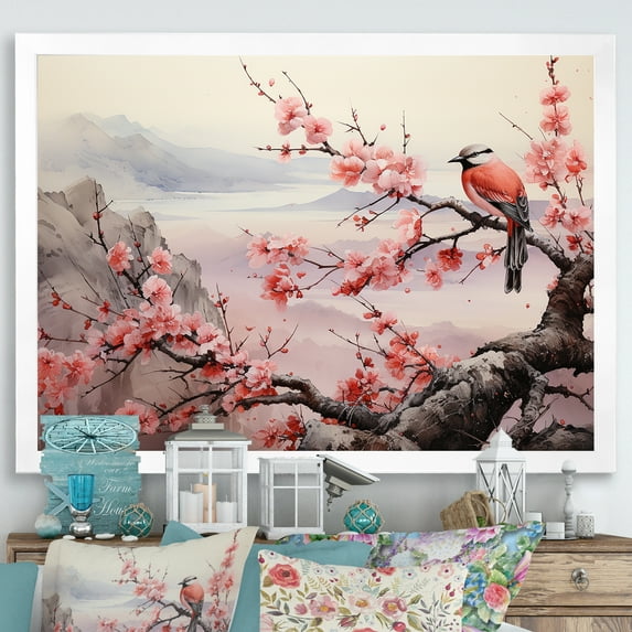 Designart "Pink and Blue Birds Perched on Cherry Blossom Tree I" Animals Framed Wall Art Decor - Modern Farmhouse Blue Bird Living Room Framed Canvas Art