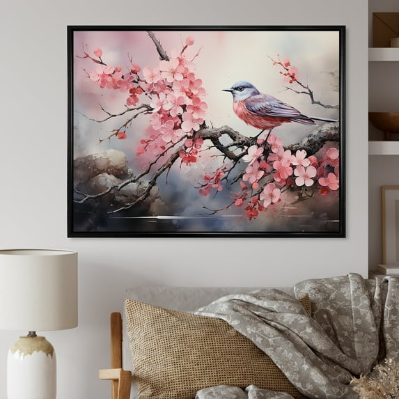 Designart "Pink and Blue Birds Perched on Cherry Blossom Tree III" Animals Framed Wall Art - Modern Farmhouse Pink Bird Entryway Framed Wall Art Print