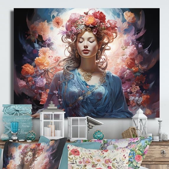 Designart "Pink Blue Buddhist Art Bodhisattvas Halo" Spiritual Metal Art Living Room