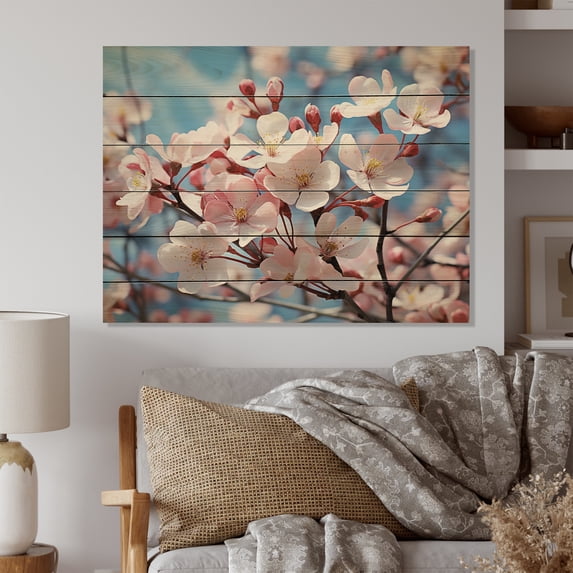 Designart "Pink Blue Dogwood Photo landscape II" Floral Print on Natural Pine Wood