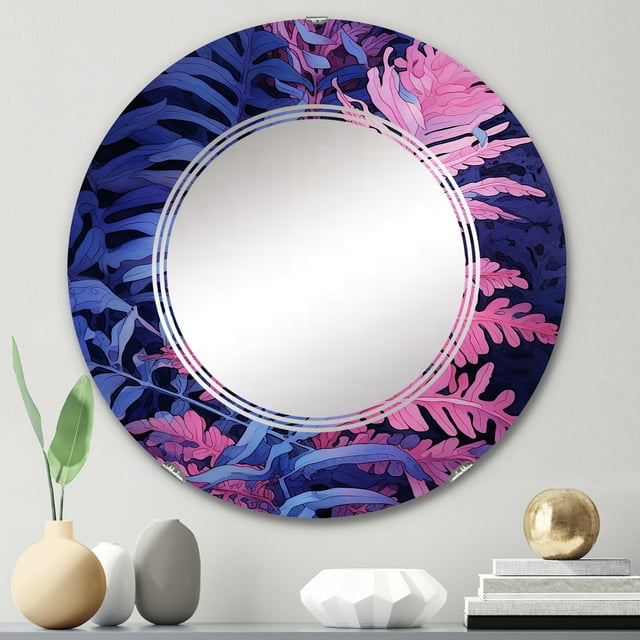 Designart "Pink Blue Fern Fonds Pastel Hues" Floral Round Wall Mirror - Modern Oval Printed Decorative Oversized Mirror - Multiple Color Options