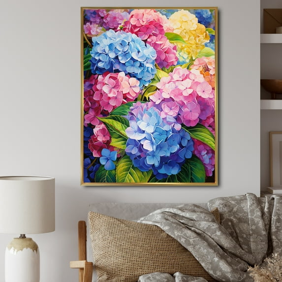 Designart "Pink Blue Hydrangea Garden Euphony" Floral Floater Framed Wall Art Print