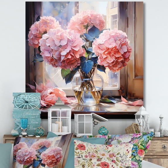 Designart "Pink Blue Hydrangea love expression" Floral Canvas Print