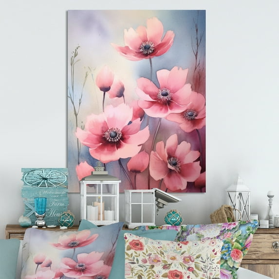 Designart "Pink Blue Meadow Meadow Serenity" Floral Metal Art Living Room
