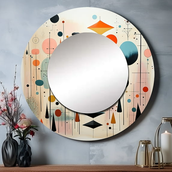 Designart "Pink Blue Mid Century curious Wonders I" Abstract Round Mirror Wall Decor Mid-Century - Large Pink Round Bathroom Mirror - Round Mirror - 23" x 23"