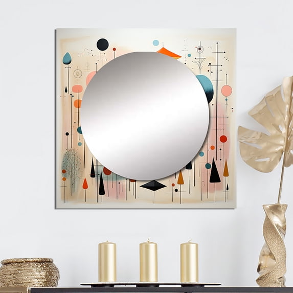 Designart "Pink Blue Mid Century curious Wonders I" Mid-century Square Mirror For Wall Decor - Large Pink Square Mirror Printed Wall Decor - Mid-Century Square Living Room Mirror