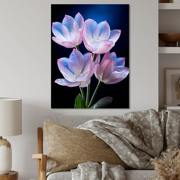 Designart "Pink Blue Tulips Flowers captivate On Black" Floral Metal Wall Art Prints