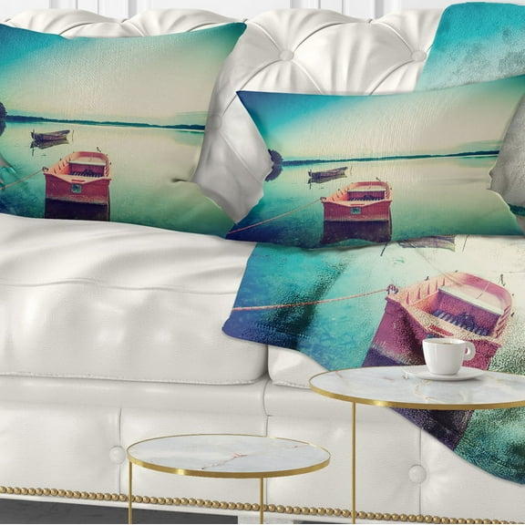 Designart Pink Boat in Vintage Lake - Boat Throw Pillow - 12x20