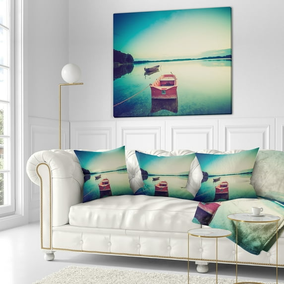 Designart Pink Boat in Vintage Lake - Boat Throw Pillow - 18x18