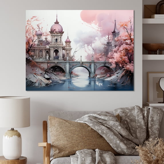 Designart "Pink Bridge captivate Crossing I" Architecture Wall Decor