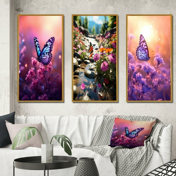 Designart "Pink Butterfly at Sunset IV" Animals Butterfly Framed Wall Art Set Of 3 - Pink Butterfly Frame Canvas Set For Living Room Decor