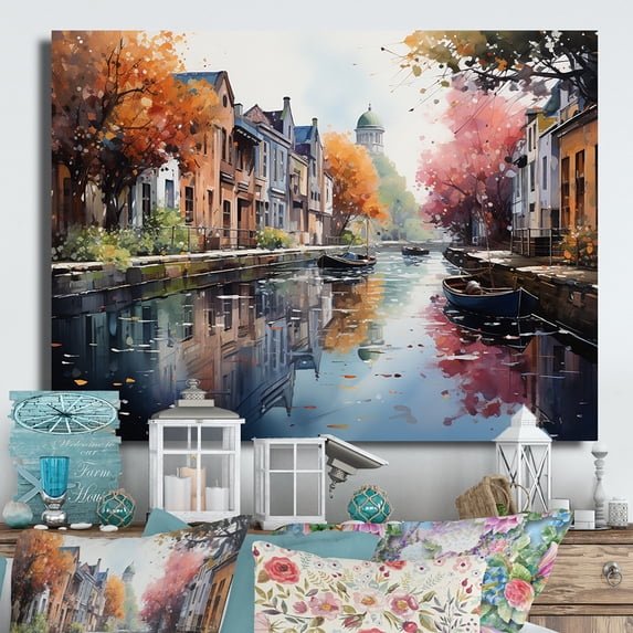 Designart "Pink Canal Vibrant Waterways painting" Canals Metal Wall Art