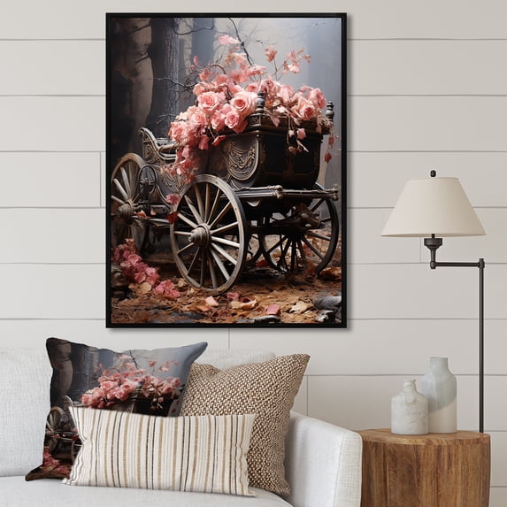 Designart "Pink Carriage Of Romance II" Old American Cart Floater Framed Wall Decor