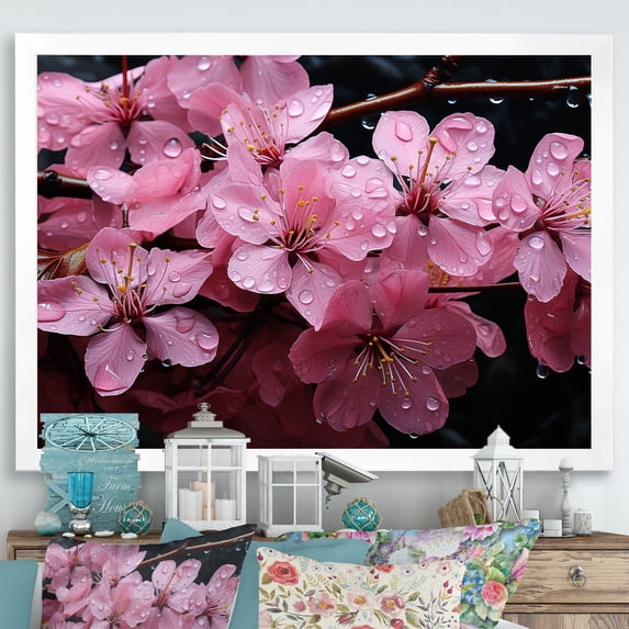 Designart "Pink Cherry Blossom Garden Nature's Jewel II" Landscapes Framed Wall Art Decor - Modern Farmhouse Pink Tree Cherry Blossom Living Room Framed Canvas Art