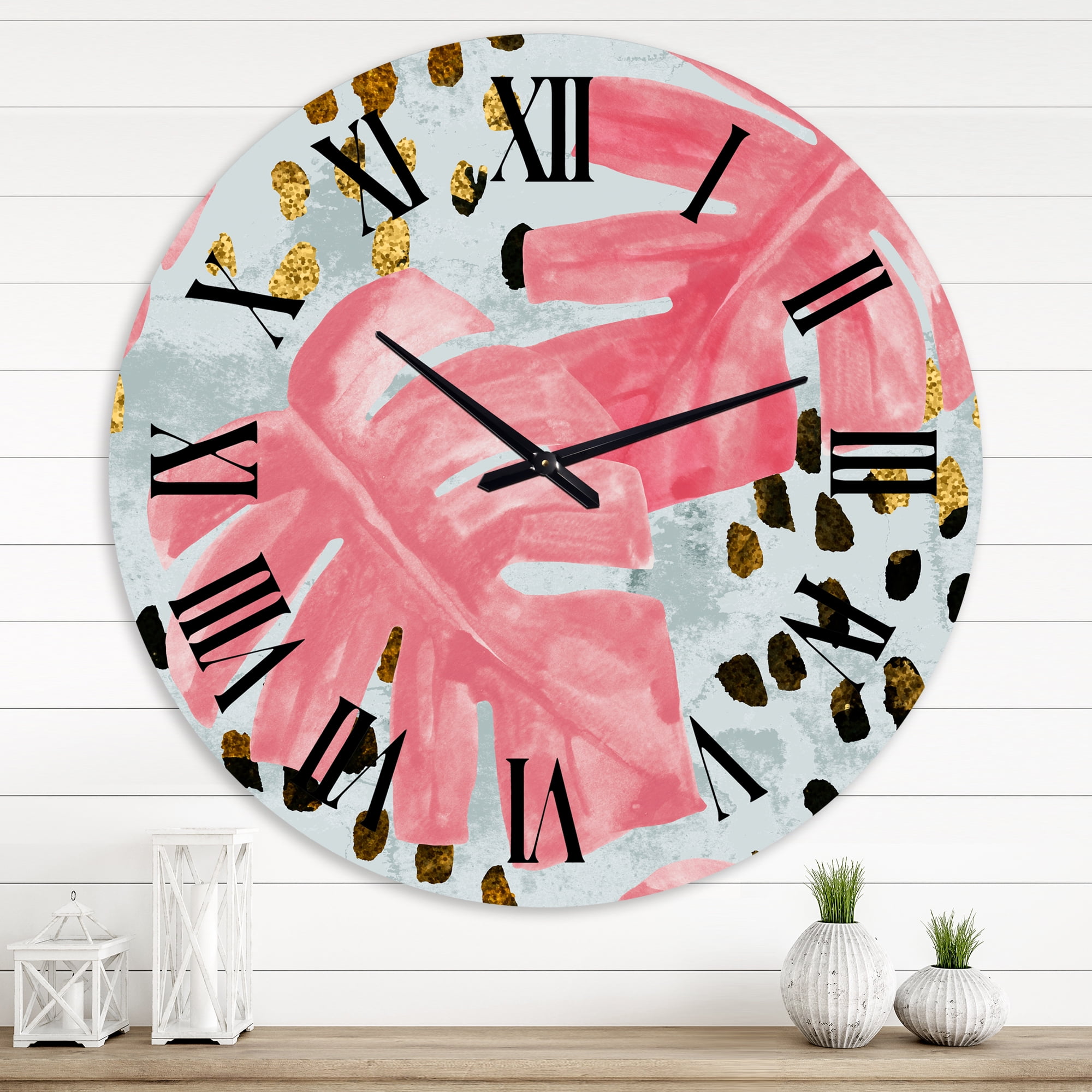 Designart 'Pink Colored Monstera On Rough Brush Strokes Ii' Tropical Wall Clock