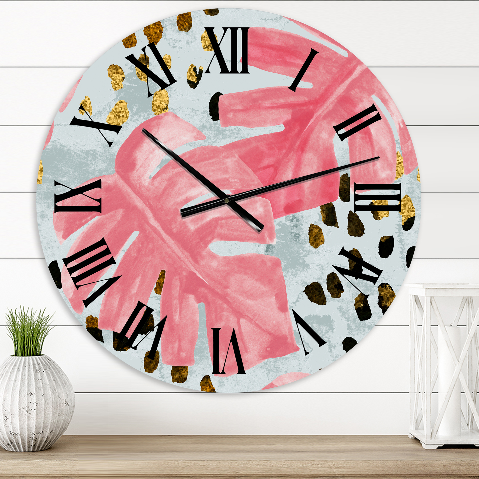 Designart 'Pink Colored Monstera On Rough Brush Strokes Ii' Tropical Wall Clock