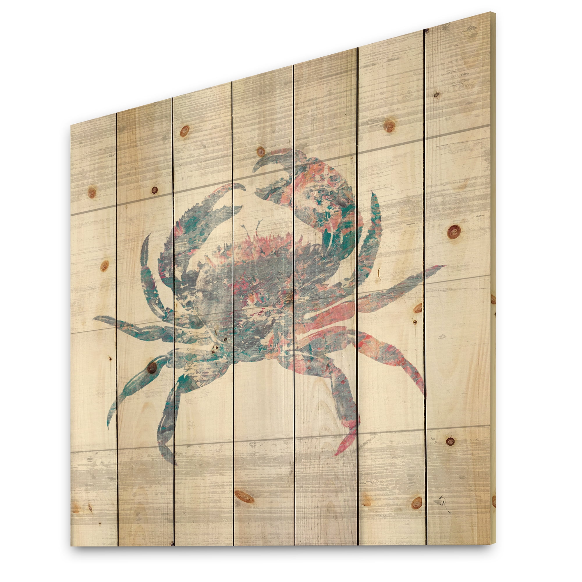 Designart 'Pink Crab Ocean Life' Nautical & Coastal Print on Natural Pine Wood