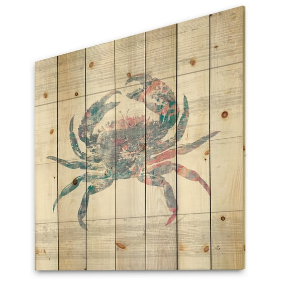 Designart 'Pink Crab Ocean Life' Nautical & Coastal Print on Natural Pine Wood