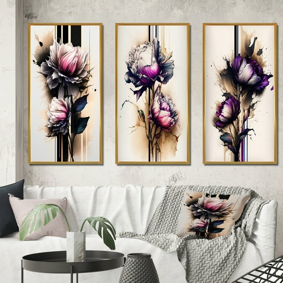 Designart "Pink Dahlia on Abstract Fusion II" Floral & Botanical Framed Wall Art Set Of 3 - Pink Dahlia Frame Gallery Wall Set For Home Decor