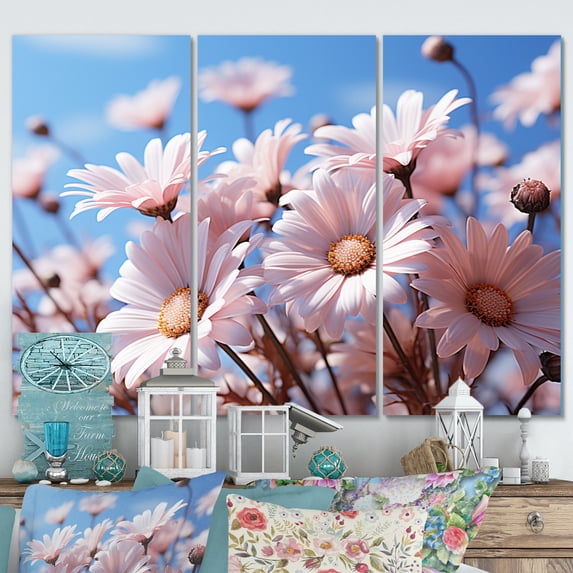 Designart "Pink Daisies II" Floral Metal Art Print Set