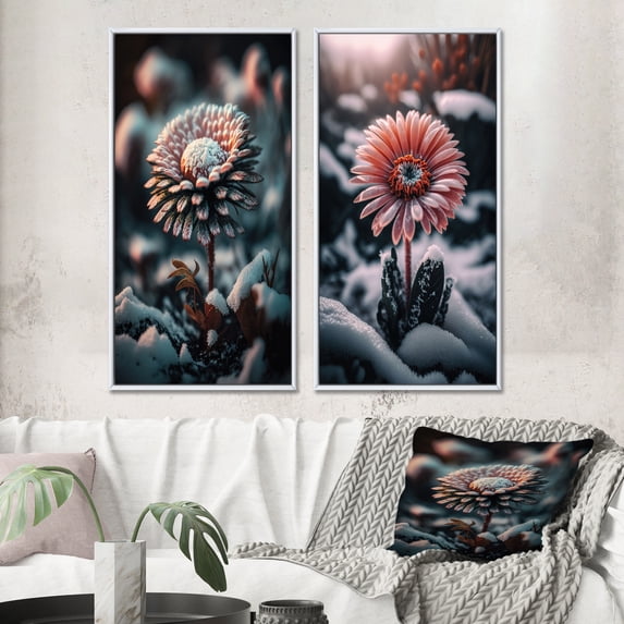 Designart "Pink Daisy in Winter Bloom II" Daisy Framed Wall Art Set Of 2 - Pink Floral Framed Canvas Set For Living Room Decor