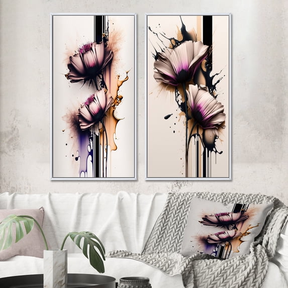 Designart "Pink Daisy on Abstract Fusion I" Daisy Framed Wall Art Set Of 2 - Pink Floral Framed Canvas Set For Living Room Decor