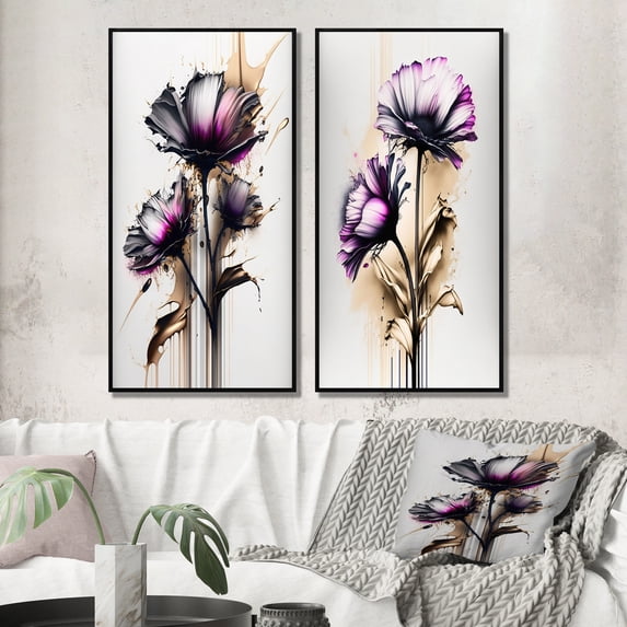 Designart "Pink Daisy on Abstract Fusion III" Daisy Framed Wall Art Set Of 2 - Pink Floral Gallery Wall Frame Set For Home Decor