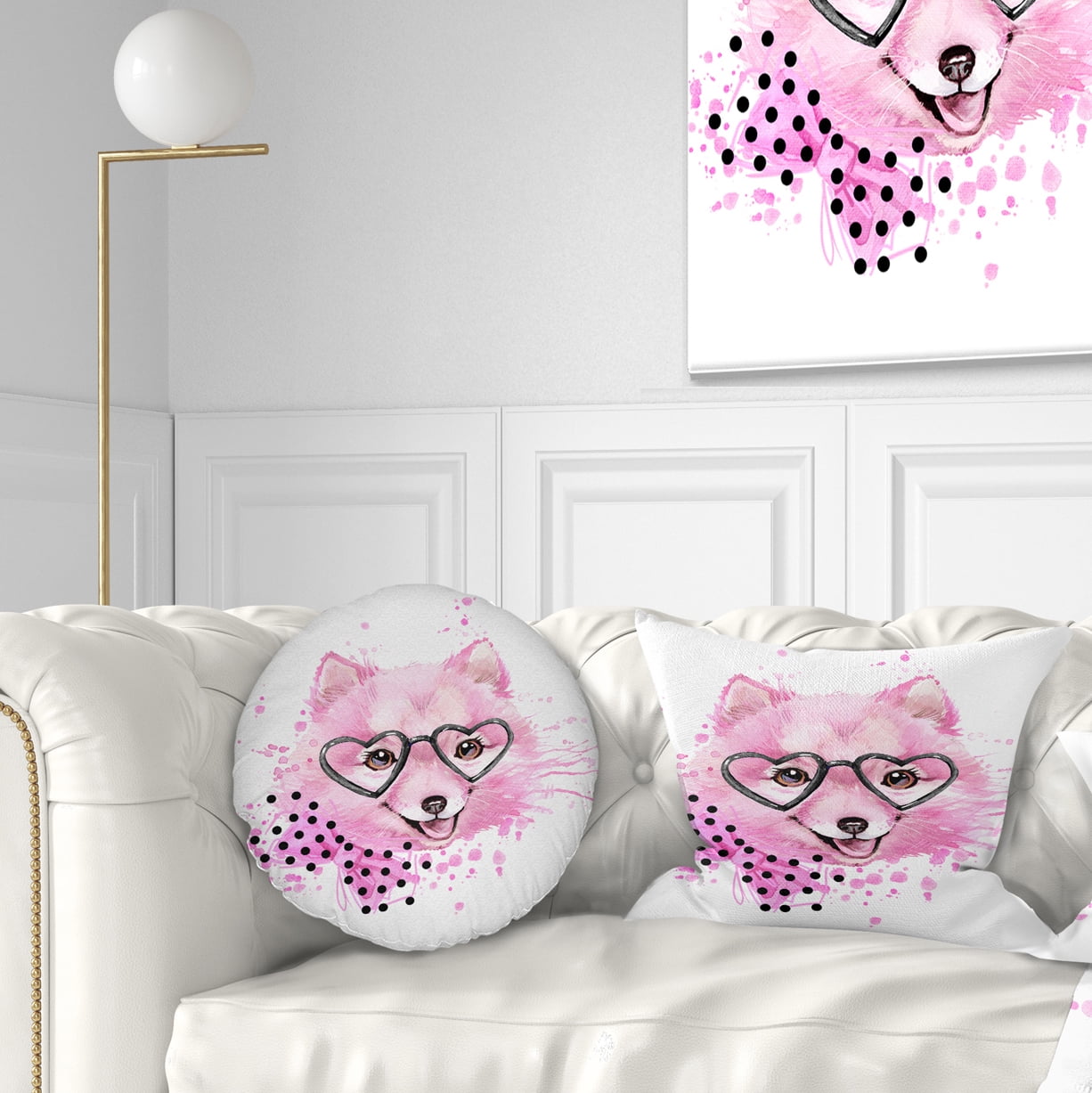 Designart Pink Dog with Heart Glasses - Contemporary Animal Throw Pillow - 12x20